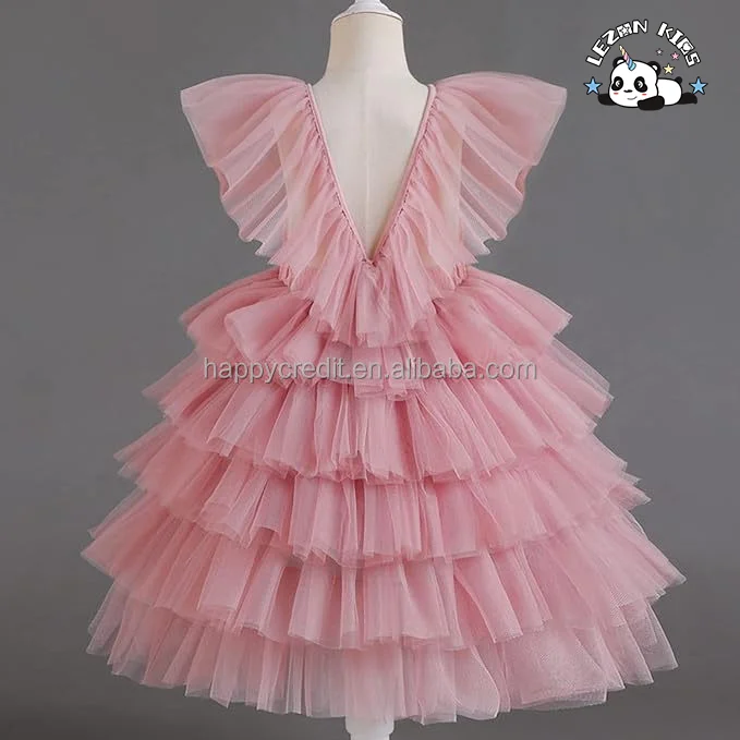 LEZONKIDS - OEM Customizable Ruffle Sleeves Layered Tulle Girls Dress V-Neck Puffy Lace Dress for Girls 8 Years Size